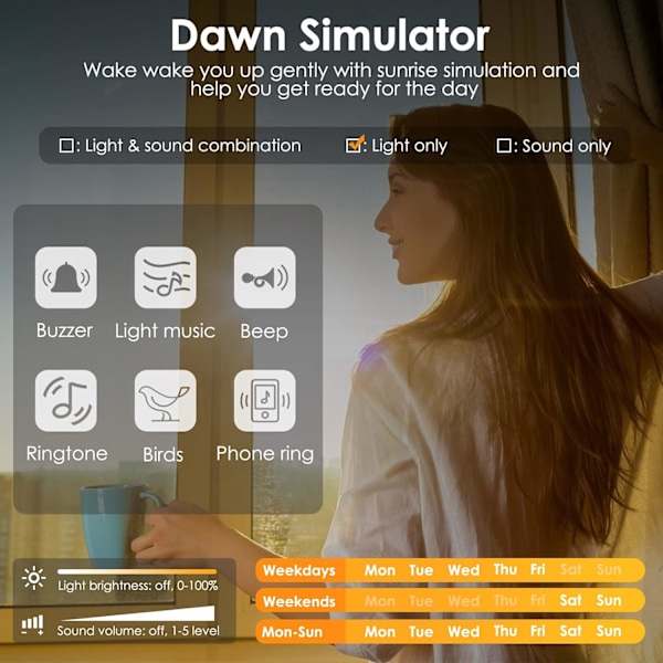 Soluppgångslarm, väckarklocka med soluppgångssimulator, sänglampa med färgat nattljus och USB-laddare, sömnstöd, högt solljuslarm för