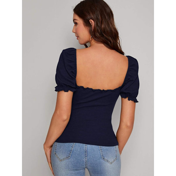 Kvinde Puff Ærme Solid Top Pullover Firkantet Hals Rib Strik Bluser