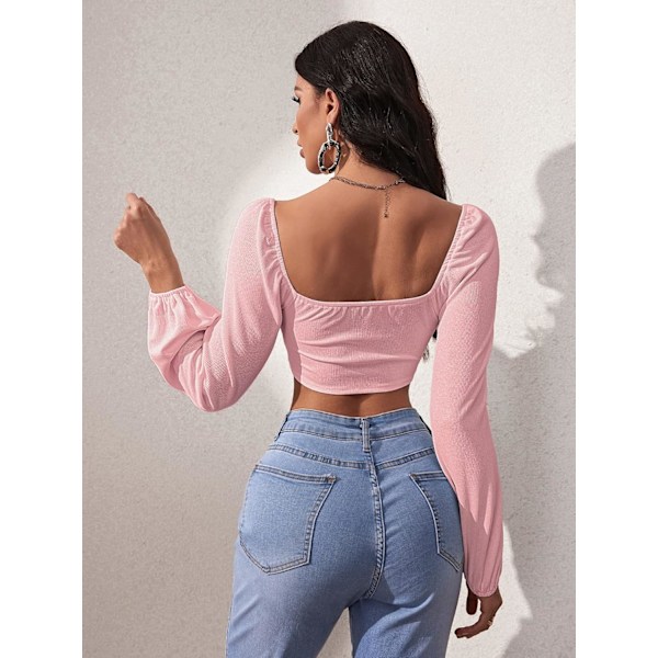 Kvinnors långärmad crop top t-shirt fyrkantig hals basic t-shirt solid asymmetrisk