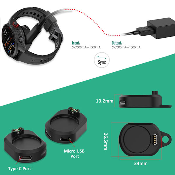 Laddningsdocka Adapter för Garmin Watch med typ C