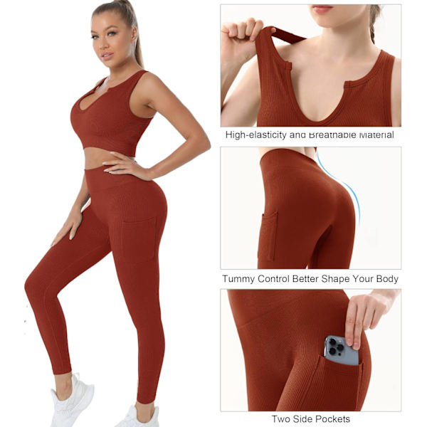 Träningskläder set för kvinnor 2 delar sömlös ribbad crop tank topp hög midja