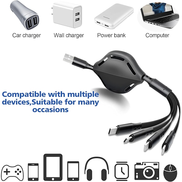 Multi Retractable Laddkabel 4-i-1 Multi Laddare Sladd 4A USB
