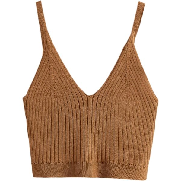 Dam V-hals Crop Cami Top Ribbad Stickad Spaghetti Strap Ärmlös