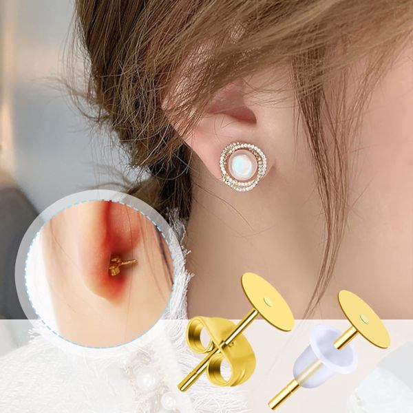 300 stk. Hypoallergene Guld Rustfrit Stål Ørestikker 5mm Flade Pude Blanks Pin Studs med Gennemsigtige Gummi Ørestikker Bagsider