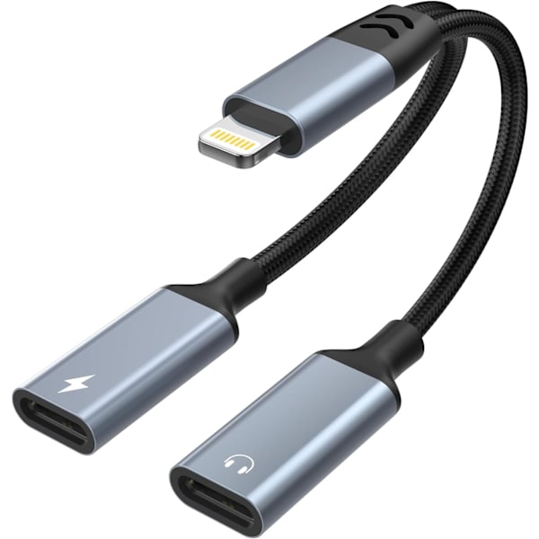 iPhone-splitter för laddning och hörlursadapter, iPhone Lightning till 2 Lightning-adapter, Dual Lightning AUX + laddningsadapter Dongle-kabel
