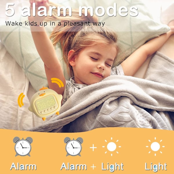 Andealarmklokke for barn, søt nattlys, to grupper av , lysstyrke justerbar, oppladbar bærbar lampe for soveromsdekor (gul)