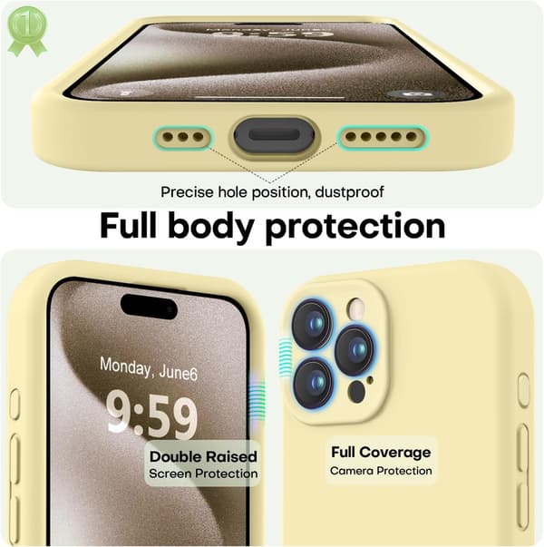 iPhone 15 Pro Max deksel i premium silikon med mikrofiberfôr, støtsikkert - Gul