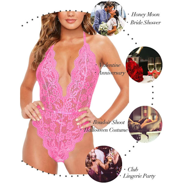 Hög skuren halter djup V-ringad underkläder blommig spets bodyplunge teddy se