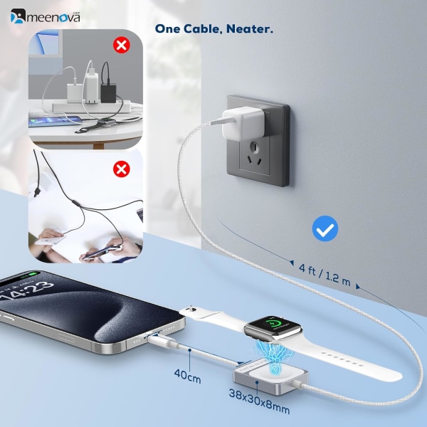 Indtrækkeligt USB C-kabel, Mini 60W USB C til USB-C PD Hurtigopladning + Apple Watch-oplader, 2 i 1 USB C til Ligh-tning Rejseopladerkabel