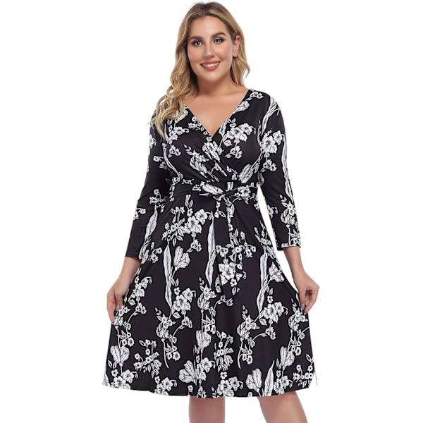 Dam V-ringad 3/4 ärm A-linje Midi Faux Wrap Plus Size Cocktail Party Swing