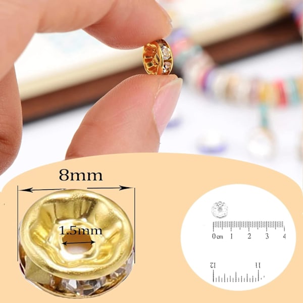 100 Rondle Spacer Beads - 8 mm guldkristallstrass för smyckestillverkning