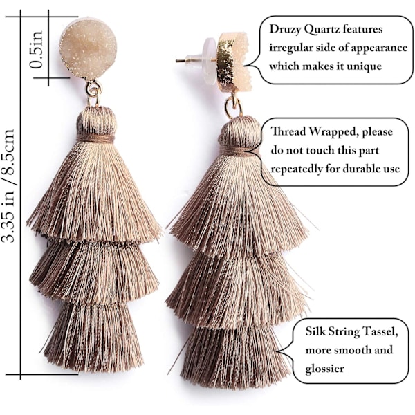 Farverige lagdelte kvasterørering Bohemian Tiered Tassel Druzy Stud Dangle Drop