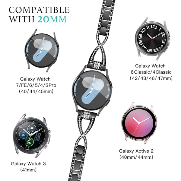 20mm X-formet rem til Galaxy Watch 4 5 6 7 FE-remme 40mm 44mm, kvinder Bling Diamond Metal Galaxy Watch 7 6 5 4 FE-rem til Watch 4 6 sort 20mm