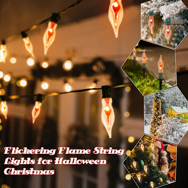 Ljus - Flimrande flamslingor, 12,8 fot C7 Retro Halloween-ljus inomhus utomhus, Twinkle Flame String Lights med 12 st E12-baserade flammor