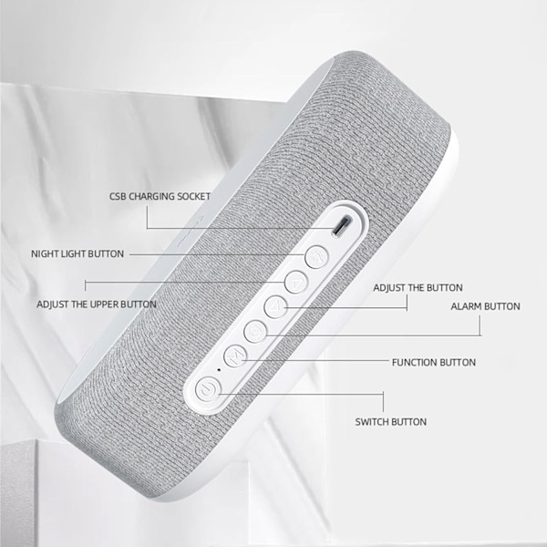 Bluetooth-højttaler med trådløs opladning, dobbelt vækkeur, 3 niveauer lysstyrke, sengelampe, digitalt ur 12/24 timer, 6 i 1 trådløs opladningsstation