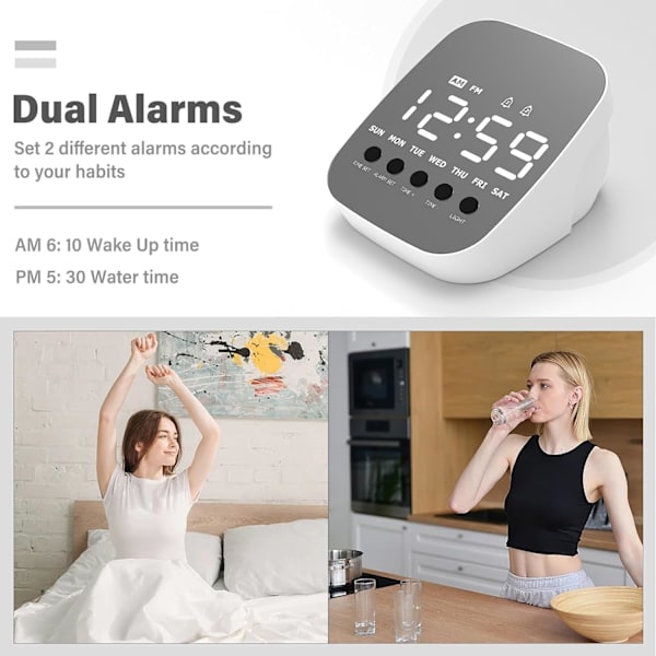 Väckarklocka, LED digital väckarklocka, 3 nivåer ljusstyrka, 2 larm, 12/24H, snooze, liten väckarklocka för sovrum, heminredning, kontor, resor