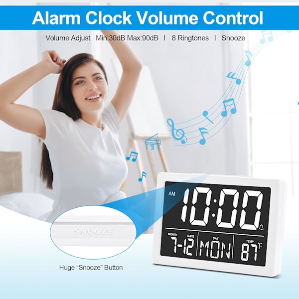 Digital väckarklocka med snooze, liten klocka/bordsklocka, 6,3\" LED digital kalender, 12/24H, justerbar ljusstyrka/volym, skrivbordsklocka för vit