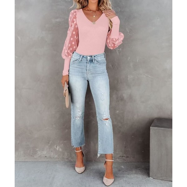 Kvinners Puffy Mesh Blonder Lang Ermet Topper V Hals Polka Dot Bluse Casual Ribbet