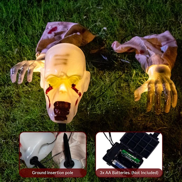 Krypande zombie, läskig blodig zombiedekoration med ljus och insats, batteridriven multi-mode animatronik för trädgård, hemsökt hus, fest