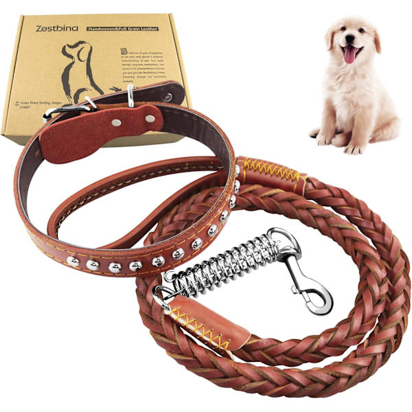 4FT Läderkoppel och Halsband Set för Hund, Full Grain Läder Halsband och Starkt Handvävt Flätat Koppel, Robust Hundträningskoppel för Promenader