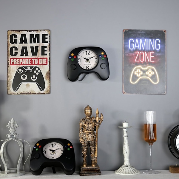 Gamepad-formet vægur, kaminur til gamere, metal, sort, 7,4 x 6,0 tommer, stille fejesekundbevægelse, unik videospilindretning sort