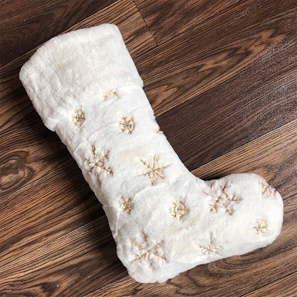 Henrey Tech Vita Julstrumpor, 2-pack, Konstgjort Päls, Guld, Stor Snöflinga, 56 cm, Julstrumpa för Julgransdekoration