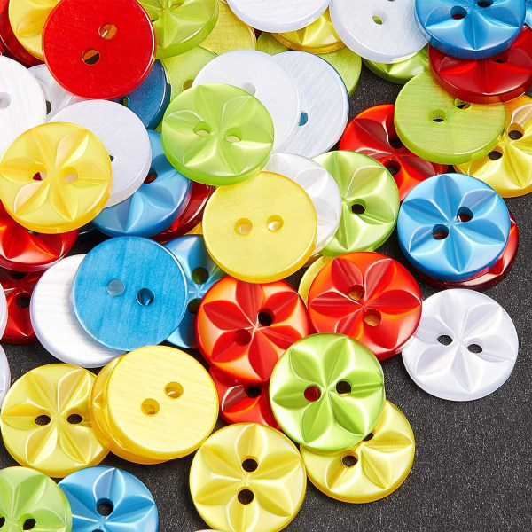 100 färgglada knappar gjorda av akryl och harts Baby för barn Barnknappar Runda 2-håls plast med förvaringslåda Mix Färg för gör-det-själv
