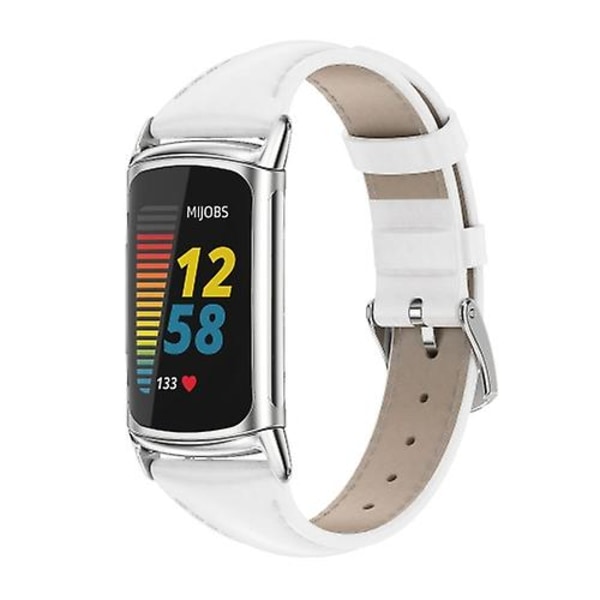 För Fitbit Charge5 Mijobs Äkta Läder Slim Watch Band RIB White-Silver