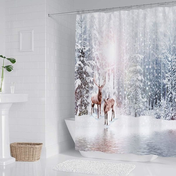 Vintertema Merry Christmas Duschgardin Set (183x183 cm) med 12 kroker