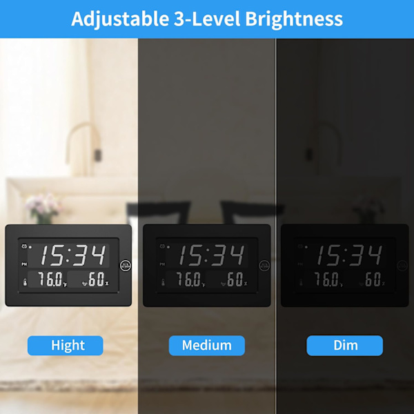 Alarmklokke, skrivebord med temperatur, fuktighet, veggklokke, batteridrevet, automatisk dimming, 12/24 timer, for skrivebord, veggmontert, klokke for dyp svart