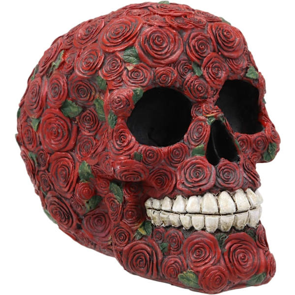 Ebros Valentinsdag De Dødes Røde Blomsterroser med Grønne Kronblade Kranie Figur DOD Rosa Sukkerskaller Statue Som Kranium Skelet Hoved Flerfarvet