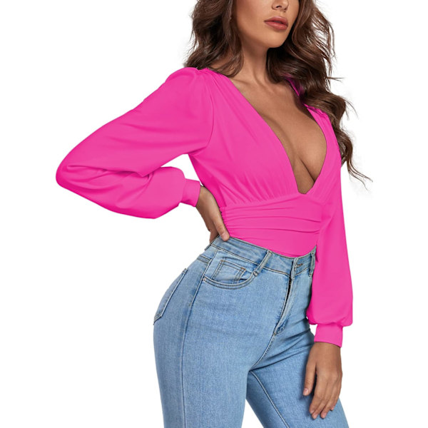 Kvinners dyp V-hals rynket plissert langarmet topp leotard body