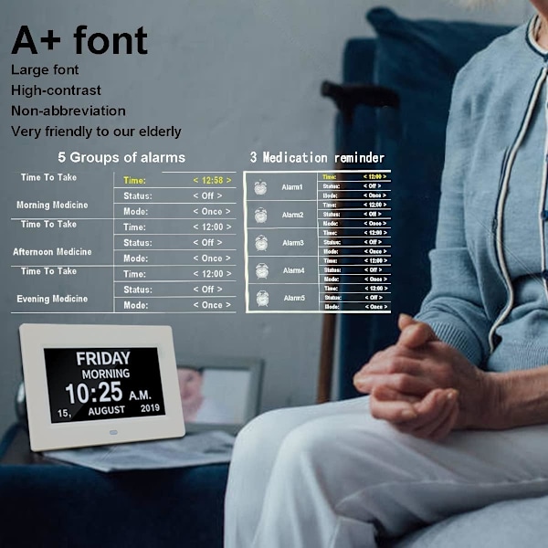 -7 tum Preeminent Kalenderlarmklocka, Demens Nedsatt Syn för Minnesförlust Seniorer, Tyst Ingen Ticking, Stor Display, med