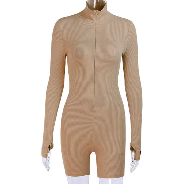 Kvinder Broderi Lynlås Høj Hals Langærmet Bodycon Jumpsuit Shorts Rompers