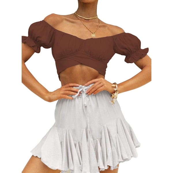 Kvinners Ruffle Korte Ermer Binde Opp Rygg Crop Top Off Shoulder Bardot Bluse