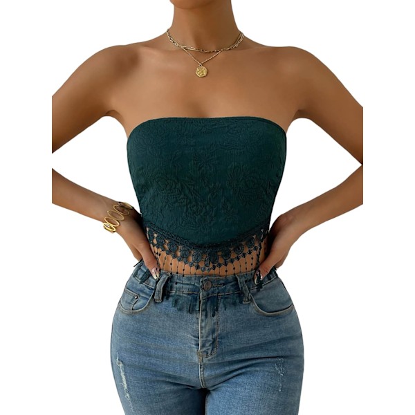 Kvinnors Boho Blommig Jacquard Spets Trim Tie Back Tassel Crop Tube Top