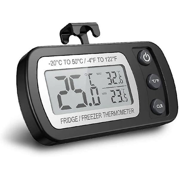 Digital kyltermometer, vattentät frys termometer med krok, lättläst LCD-display, max/min-registreringsfunktion, perfekt för hemmet svart