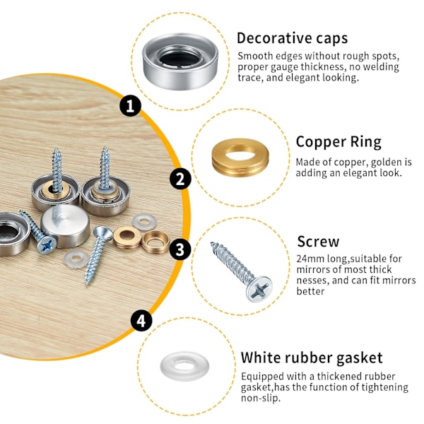 16 sett rustfrie stålskruer for speil, 16 mm, dekorative hettedekselskruer