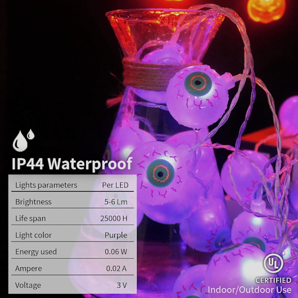 Halloween-lyslenke 10,8 fot 20 LED-lys batteridrevet Halloween-øyelys lilla lys grønt øye Halloween-lys med 8 moduser for innendørs