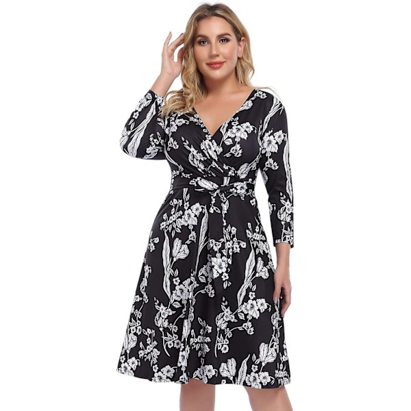 Dam V-ringad 3/4 ärm A-linje Midi Faux Wrap Plus Size Cocktail Party Swing