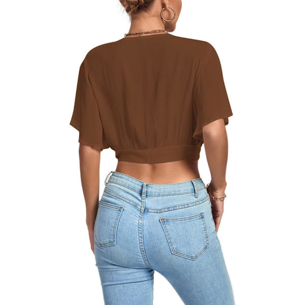 Kvinners dyp V-ringet slips foran knute Wrap volang kortarmet Crop Top
