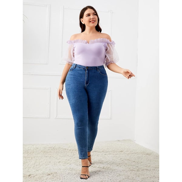 Kvinders Plus Size Off Shoulder Sheer Mesh Puff Kortærmet Bluse Toppe