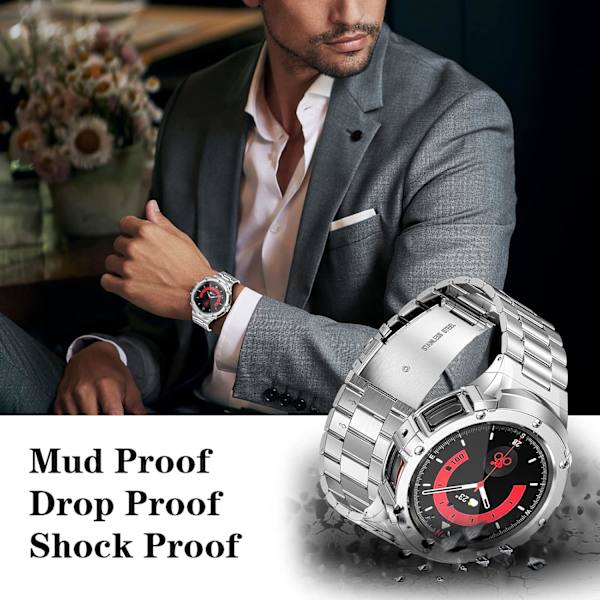 Rustfrit stålkasse og remme kompatibel med Galaxy Watch 5 Pro remme 45mm (2022), justerbar solid metalbeskytter robust cover rem til ur