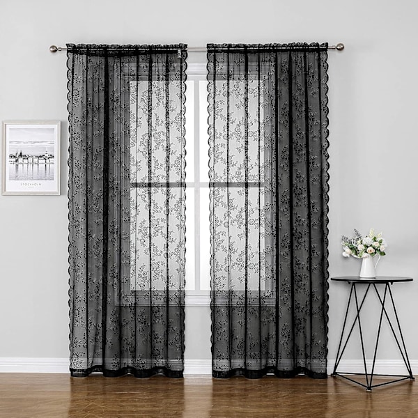Svarta spetsgardiner 150x250 cm - Vintage blommig brodyr skir tyll (Set om 2) - Kanal för gardinstång för sovrum/vardagsrum/jul