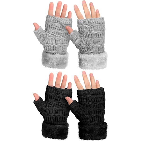 Stickade fingerlösa handskar - Varma handledsvärmare för vintern - 2 par -