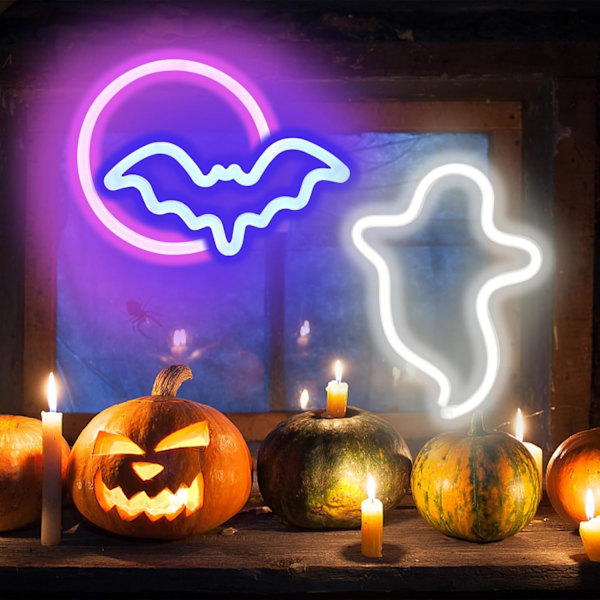 2-pack Halloween Neon Skyltar, Vit Spöke, Blå Fladdermus Fullmåne Neonljus Dekorationer, USB/Batteridriven Led Neon Skylt för Halloween Väggdekor,