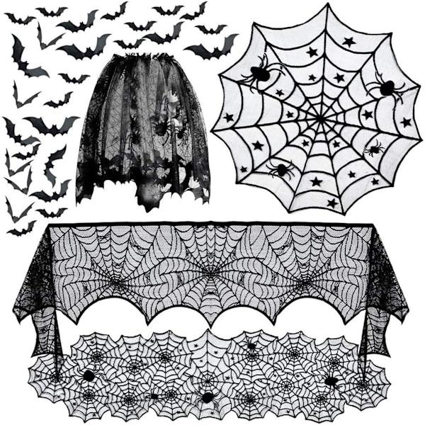 5-delt sett med Halloween-spindelvev-bordløper, svart blonder-spindvev-duk, kaminhylle-skjerf, lampedeksel, 36 stk 3 flaggermusklistremerker, kontor Halloween Ha