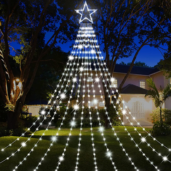 Jul utomhus stjärnstränglampor 23FT 860 LED vattentäta vattenfallsljus med stjärntopper, 8 lägen juldekorationer utomhusgran