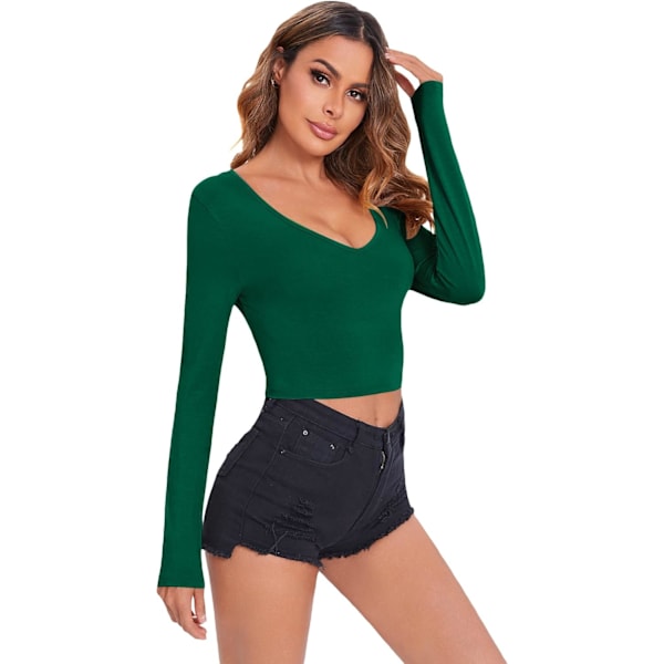 Kvinnors V-hals långärmad slimpassad Crop Tee Top