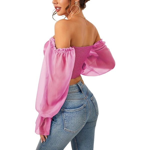 Sødt Off The Shoulder Chiffon Puff Langærmet Crop Tops Casual Sexy til kvinder